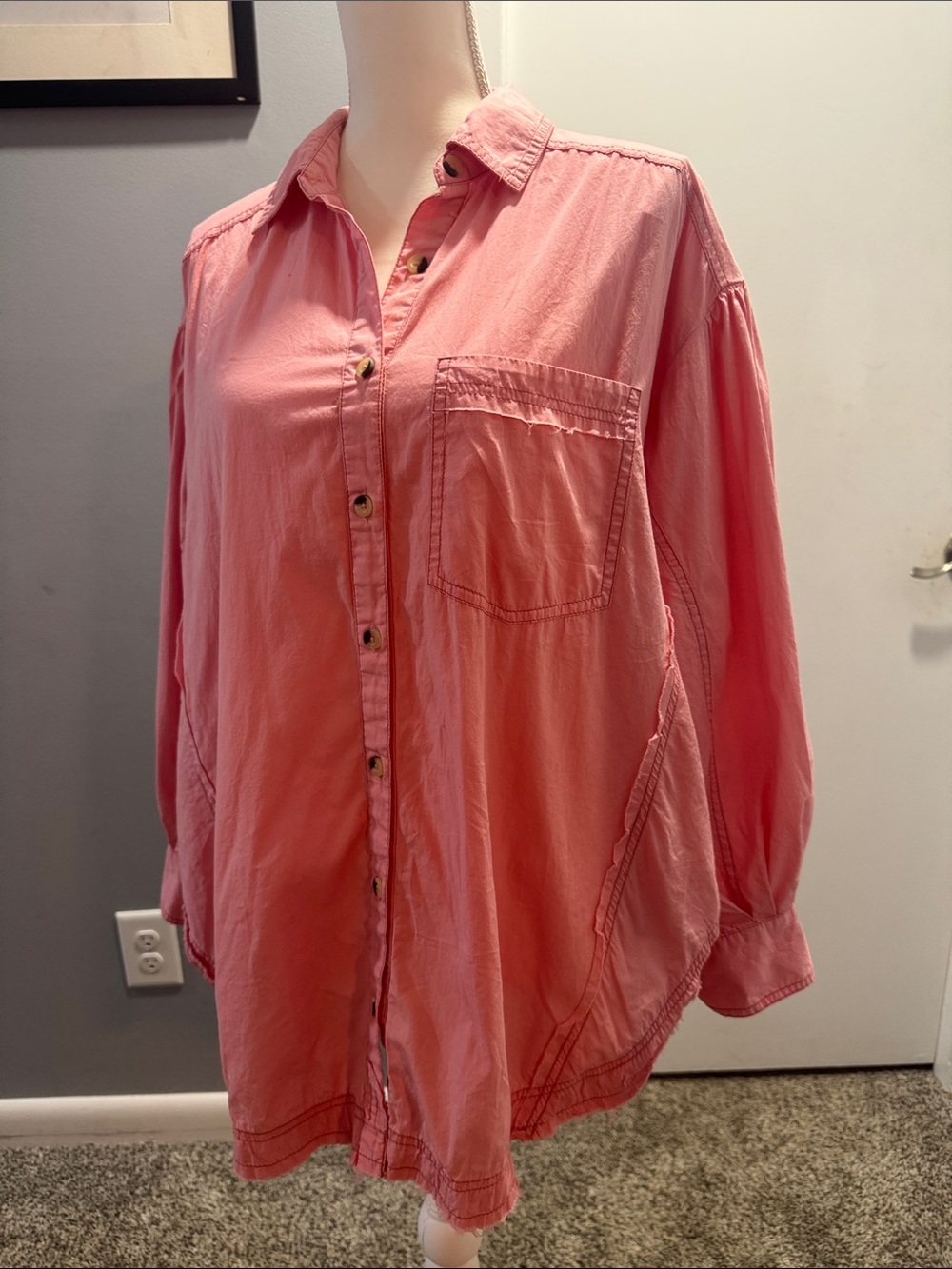 Free People Oversized Button-Down Distressed Shirt in Coral Size Small